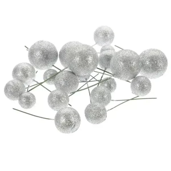 20pcs Set of Glitter Ball Cake Toppers - Silver