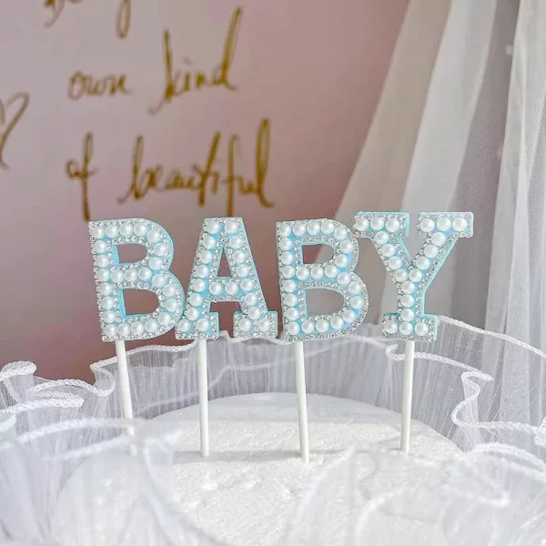 Blue Baby Theme Cake Topper with Stones and Pearl