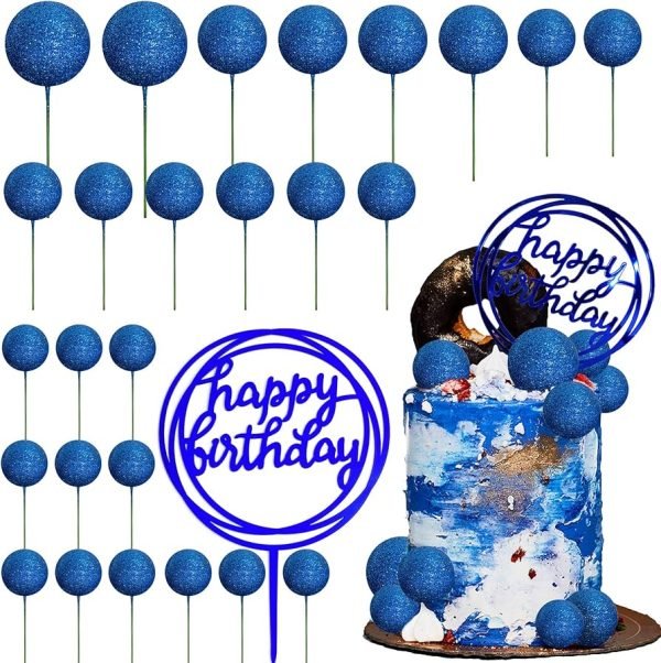 20pcs Set of Glitter Ball Cake Toppers - Blue