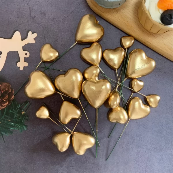20pcs Set of Heart Shiny Faux Cake Toppers - Gold
