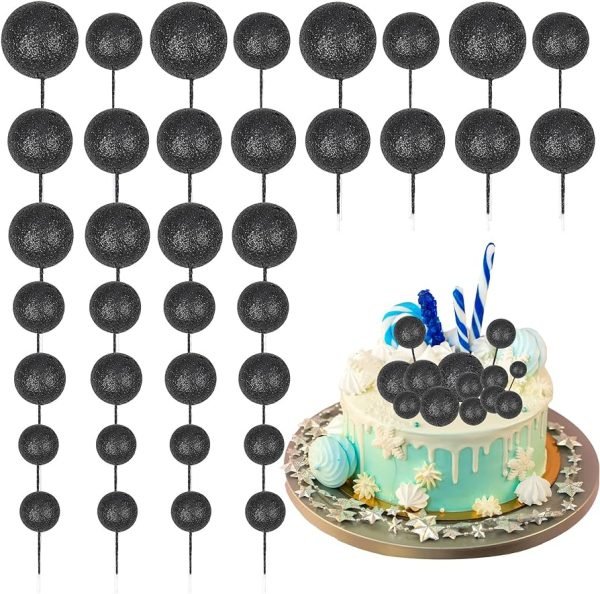 20pcs Set of Glitter Ball Cake Toppers - Black