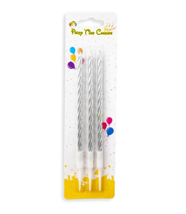 3-Pieces Long Spiral Shiny Birthday Candle – Silver