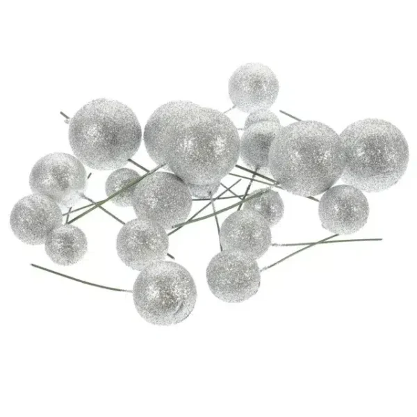 20pcs Set of Glitter Ball Cake Toppers - Silver